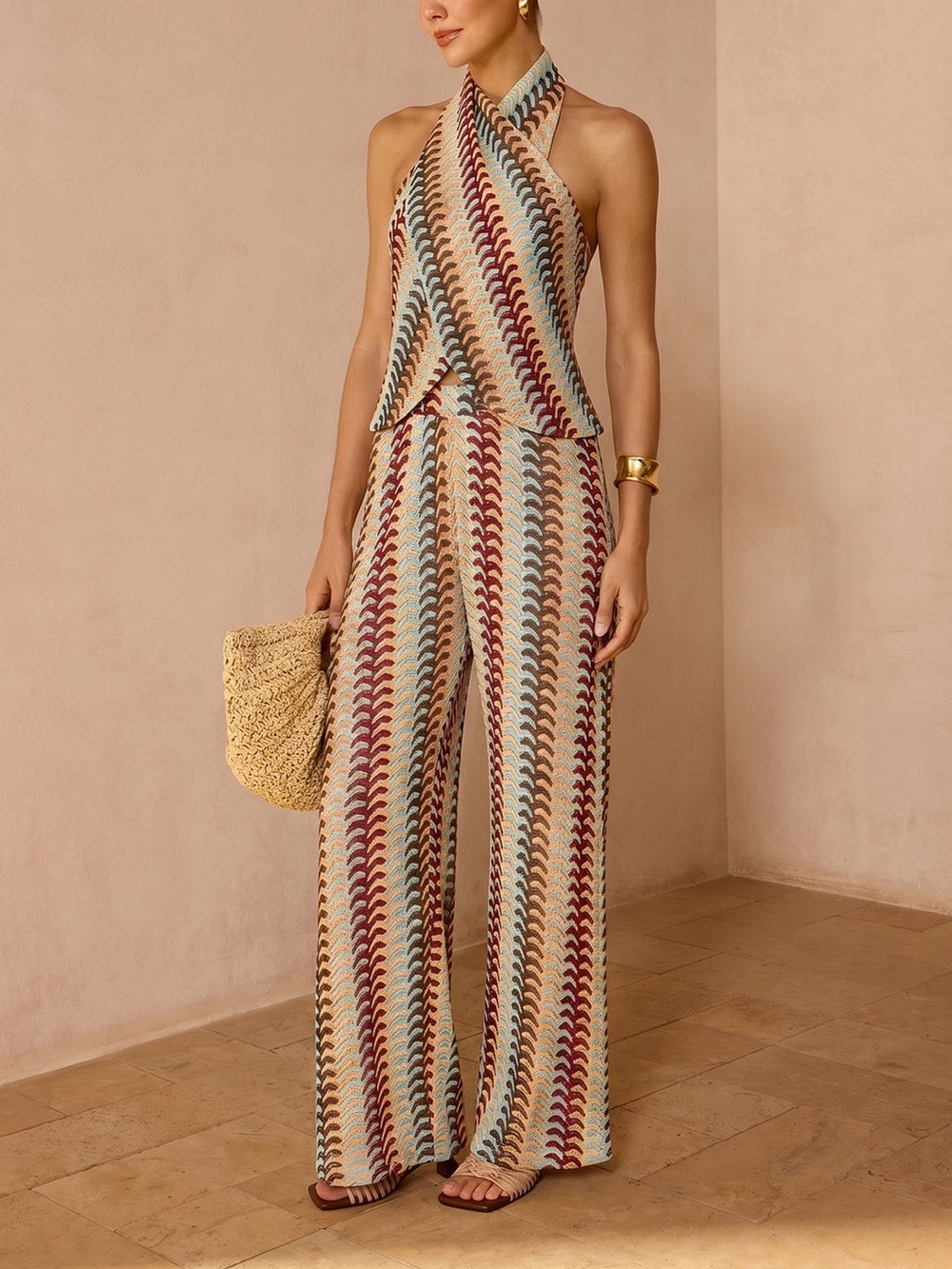 Multicolor Striped Knit Halter Top & Pants Set Small